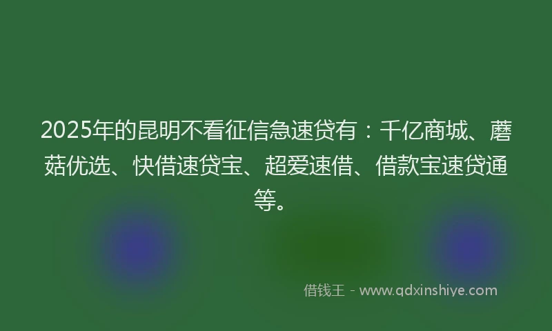 2025年的昆明不看征信急速贷有：千亿商城、蘑菇优选、快借速贷宝、超爱速借、借款宝速贷通等。