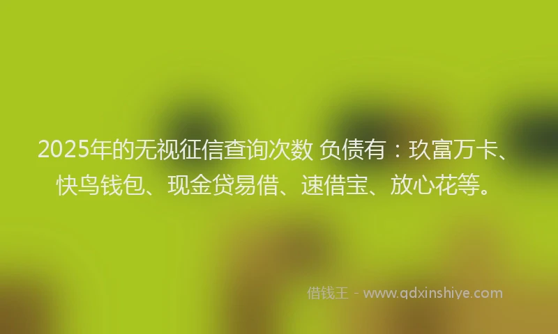 2025年的无视征信查询次数 负债有：玖富万卡、快鸟钱包、现金贷易借、速借宝、放心花等。