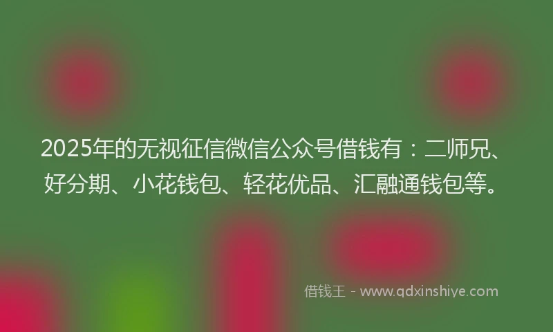 2025年的无视征信微信公众号借钱有：二师兄、好分期、小花钱包、轻花优品、汇融通钱包等。
