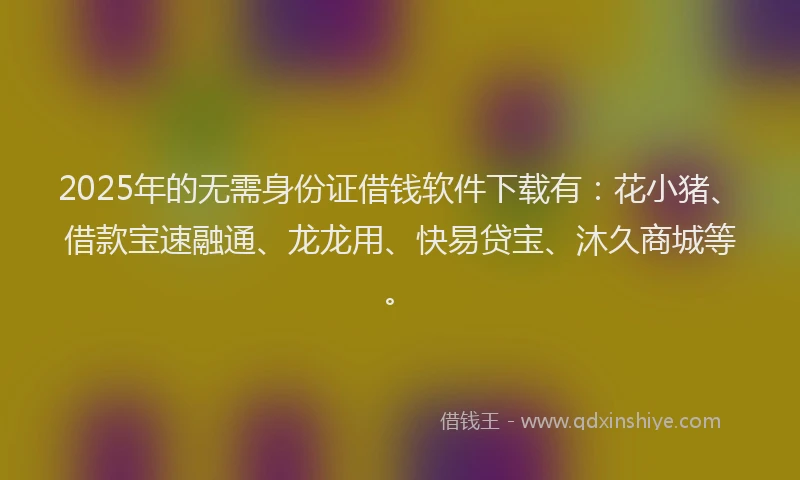 2025年的无需身份证借钱软件下载有：花小猪、借款宝速融通、龙龙用、快易贷宝、沐久商城等。