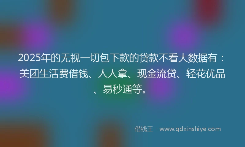 2025年的无视一切包下款的贷款不看大数据有：美团生活费借钱、人人拿、现金流贷、轻花优品、易秒通等。