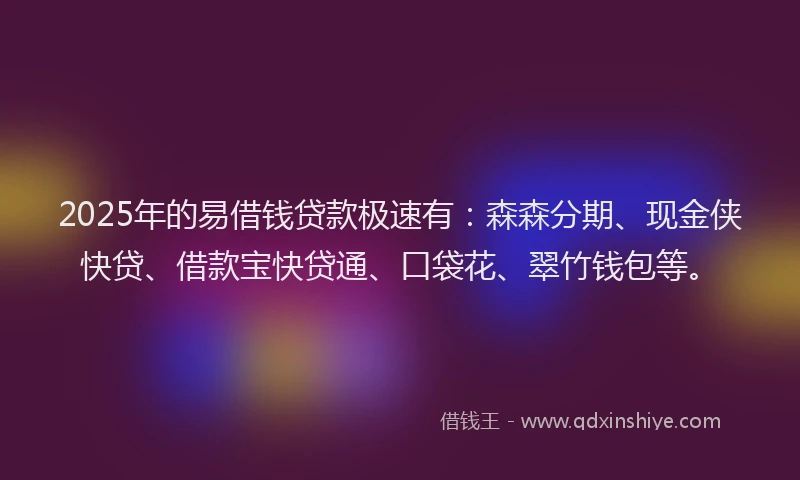 2025年的易借钱贷款极速有：森森分期、现金侠快贷、借款宝快贷通、口袋花、翠竹钱包等。