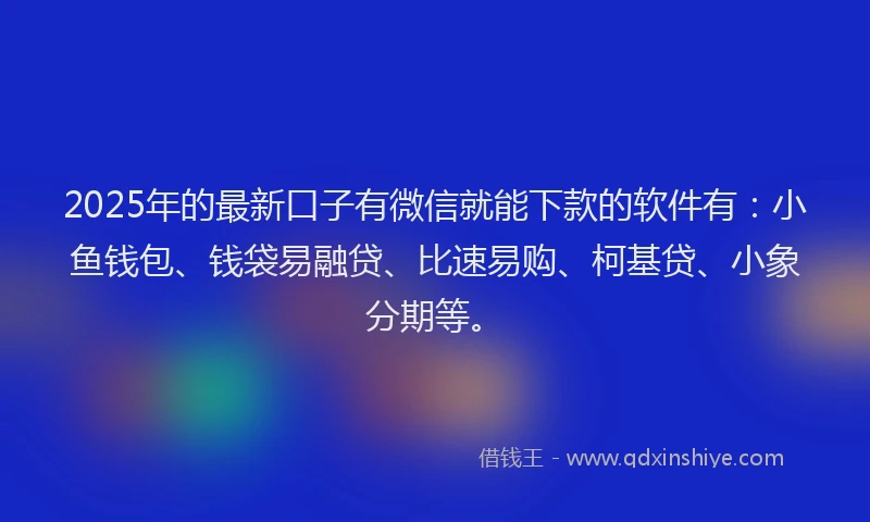2025年的最新口子有微信就能下款的软件有：小鱼钱包、钱袋易融贷、比速易购、柯基贷、小象分期等。