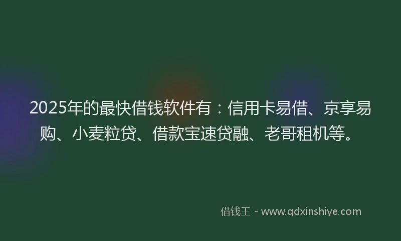 2025年的最快借钱软件有：信用卡易借、京享易购、小麦粒贷、借款宝速贷融、老哥租机等。