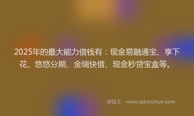 2025年的最大能力借钱有：现金易融通宝、享下花、悠悠分期、金瑞快借、现金秒贷宝盒等。