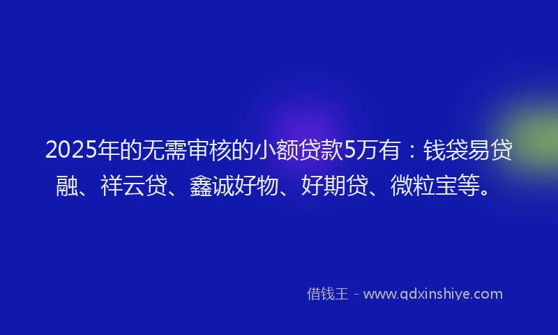 2025年的无需审核的小额贷款5万有：钱袋易贷融、祥云贷、鑫诚好物、好期贷、微粒宝等。
