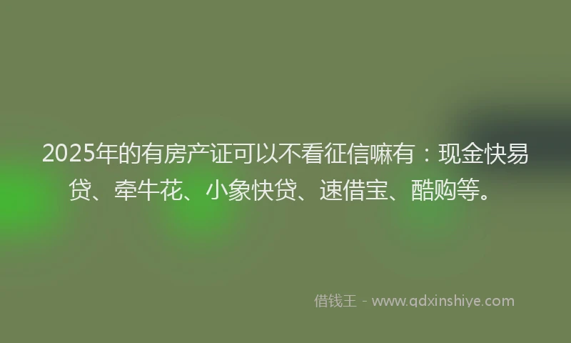 2025年的有房产证可以不看征信嘛有：现金快易贷、牵牛花、小象快贷、速借宝、酷购等。
