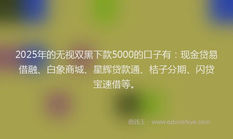 2025年的无视双黑下款5000的口子有：现金贷易借融、白象商城、星辉贷款通、桔子分期、闪贷宝速借等。