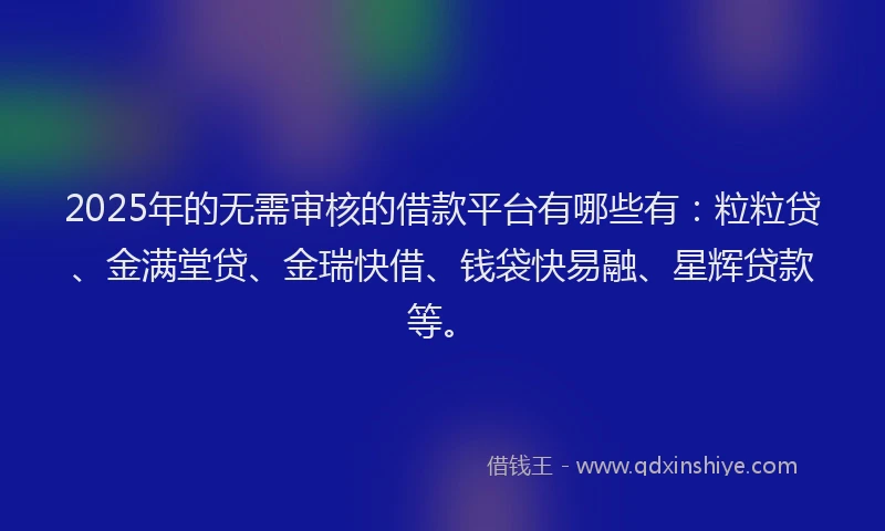 2025年的无需审核的借款平台有哪些有：粒粒贷、金满堂贷、金瑞快借、钱袋快易融、星辉贷款等。