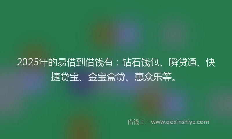 2025年的易借到借钱有：钻石钱包、瞬贷通、快捷贷宝、金宝盒贷、惠众乐等。