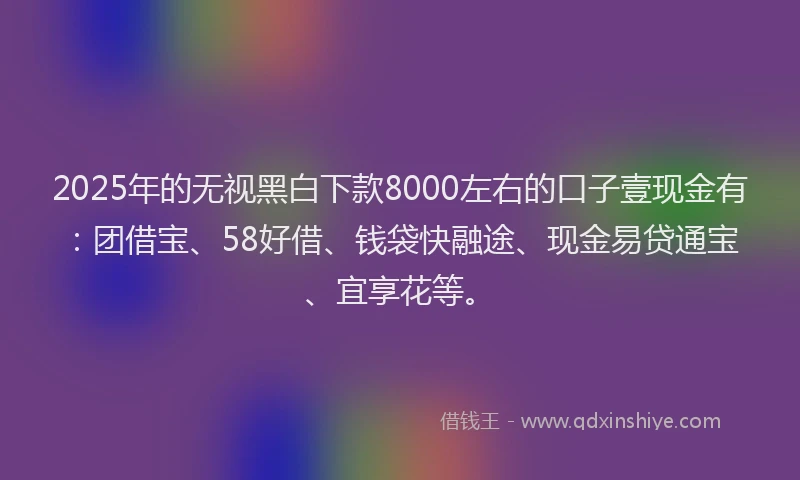 2025年的无视黑白下款8000左右的口子壹现金有：团借宝、58好借、钱袋快融途、现金易贷通宝、宜享花等。