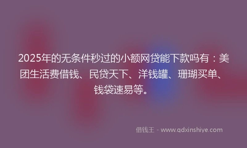 2025年的无条件秒过的小额网贷能下款吗有：美团生活费借钱、民贷天下、洋钱罐、珊瑚买单、钱袋速易等。