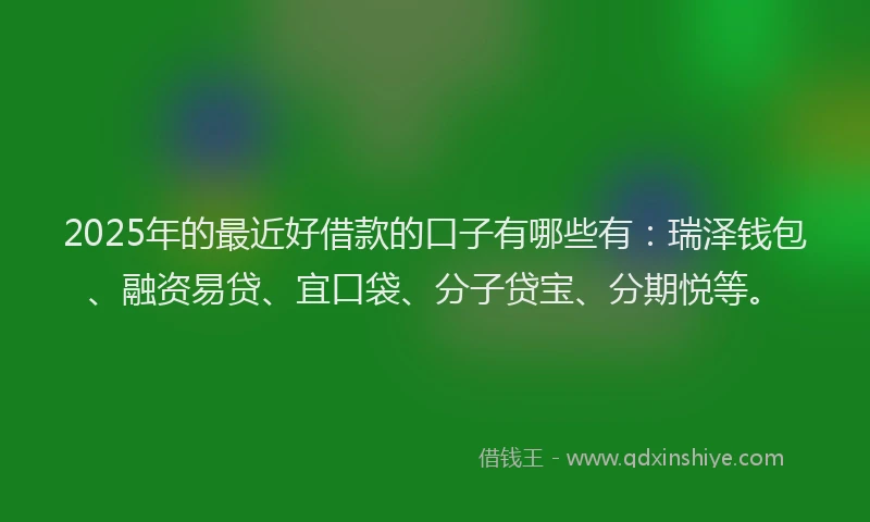 2025年的最近好借款的口子有哪些有：瑞泽钱包、融资易贷、宜口袋、分子贷宝、分期悦等。