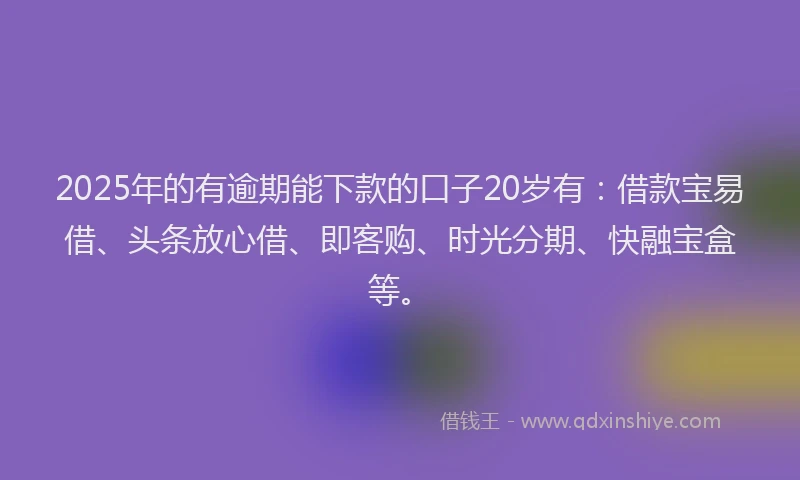 2025年的有逾期能下款的口子20岁有：借款宝易借、头条放心借、即客购、时光分期、快融宝盒等。