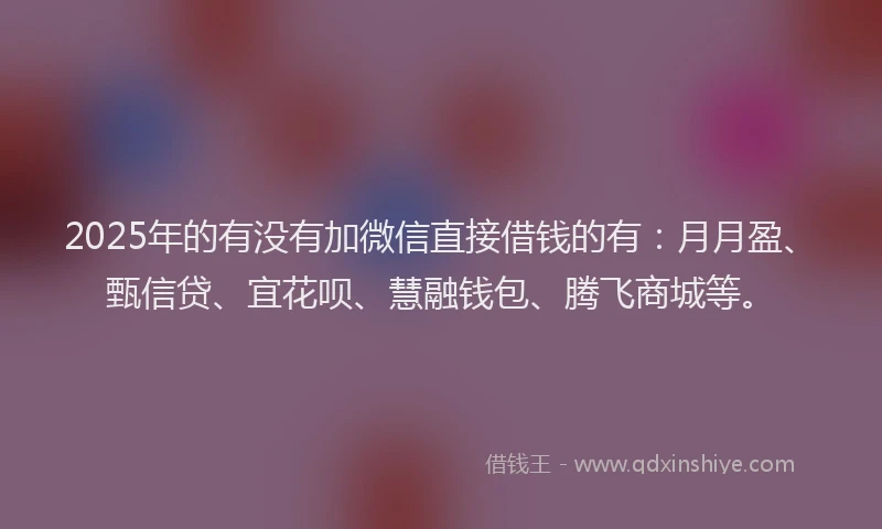 2025年的有没有加微信直接借钱的有：月月盈、甄信贷、宜花呗、慧融钱包、腾飞商城等。