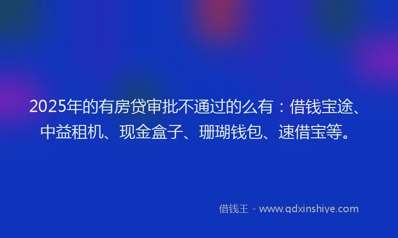 2025年的有房贷审批不通过的么有：借钱宝途、中益租机、现金盒子、珊瑚钱包、速借宝等。