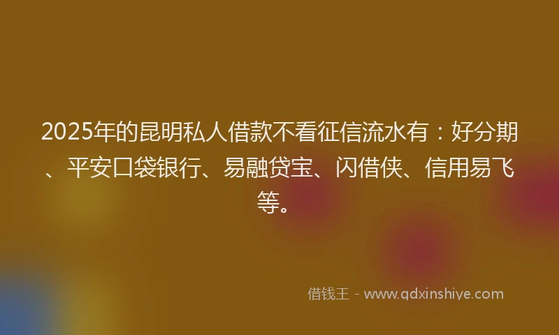 2025年的昆明私人借款不看征信流水有：好分期、平安口袋银行、易融贷宝、闪借侠、信用易飞等。