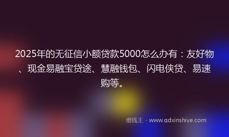 2025年的无征信小额贷款5000怎么办有：友好物、现金易融宝贷途、慧融钱包、闪电侠贷、易速购等。