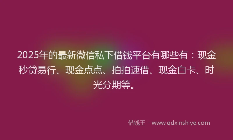 2025年的最新微信私下借钱平台有哪些有：现金秒贷易行、现金点点、拍拍速借、现金白卡、时光分期等。