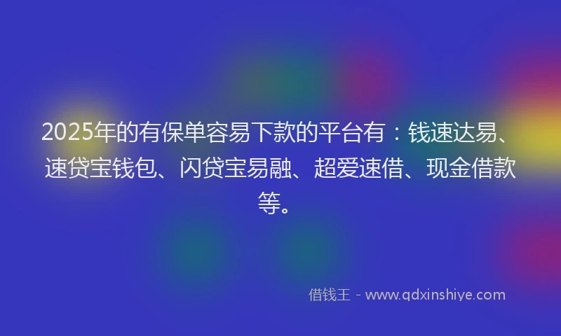 2025年的有保单容易下款的平台有：钱速达易、速贷宝钱包、闪贷宝易融、超爱速借、现金借款等。