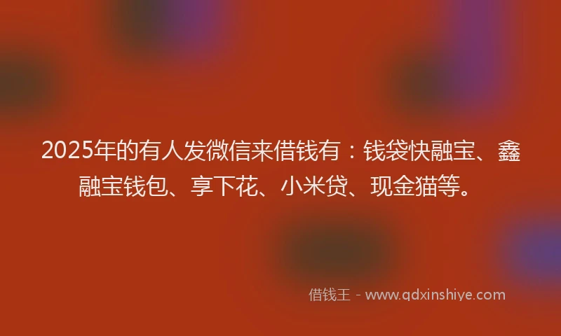 2025年的有人发微信来借钱有：钱袋快融宝、鑫融宝钱包、享下花、小米贷、现金猫等。