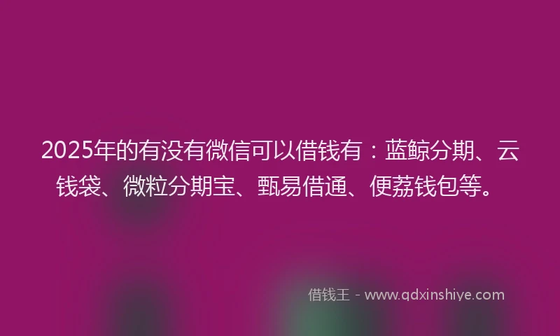 2025年的有没有微信可以借钱有：蓝鲸分期、云钱袋、微粒分期宝、甄易借通、便荔钱包等。