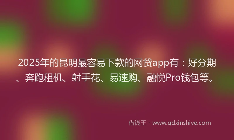 2025年的昆明最容易下款的网贷app有：好分期、奔跑租机、射手花、易速购、融悦Pro钱包等。