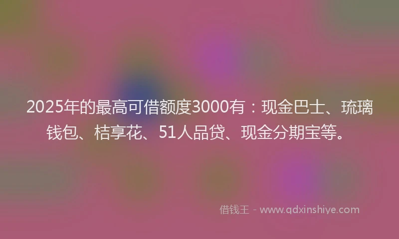 2025年的最高可借额度3000有：现金巴士、琉璃钱包、桔享花、51人品贷、现金分期宝等。