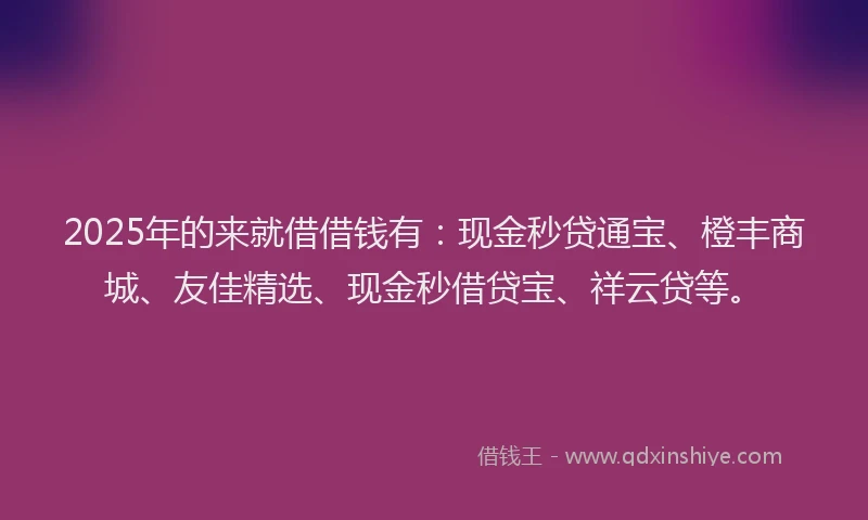 2025年的来就借借钱有：现金秒贷通宝、橙丰商城、友佳精选、现金秒借贷宝、祥云贷等。