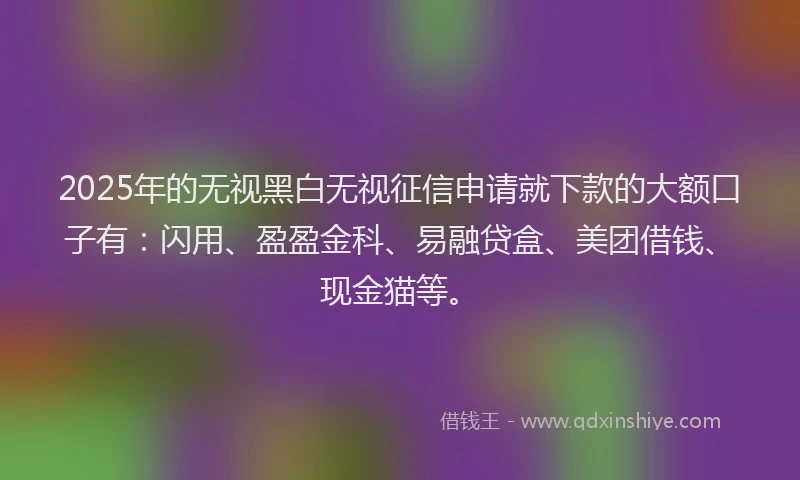 2025年的无视黑白无视征信申请就下款的大额口子有：闪用、盈盈金科、易融贷盒、美团借钱、现金猫等。