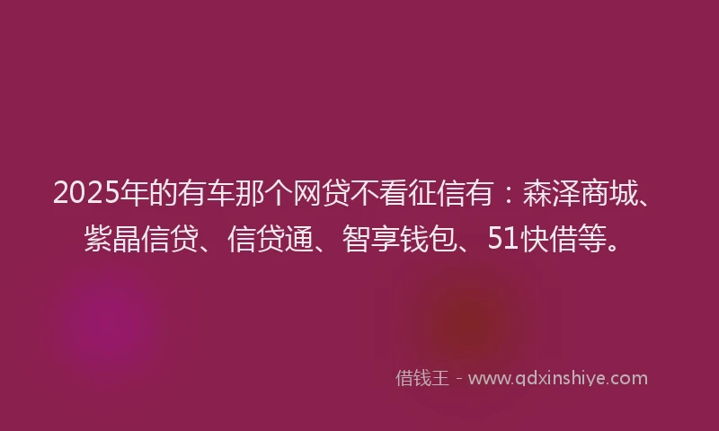 2025年的有车那个网贷不看征信有：森泽商城、紫晶信贷、信贷通、智享钱包、51快借等。