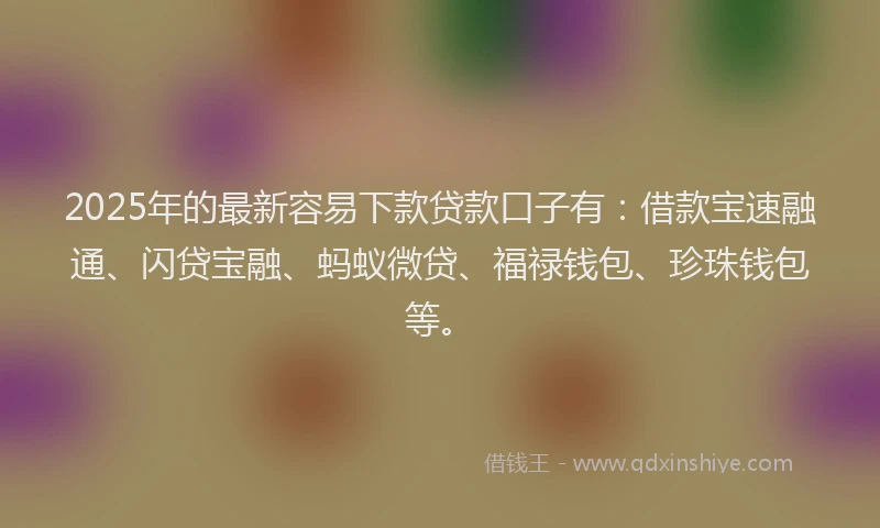 2025年的最新容易下款贷款口子有：借款宝速融通、闪贷宝融、蚂蚁微贷、福禄钱包、珍珠钱包等。