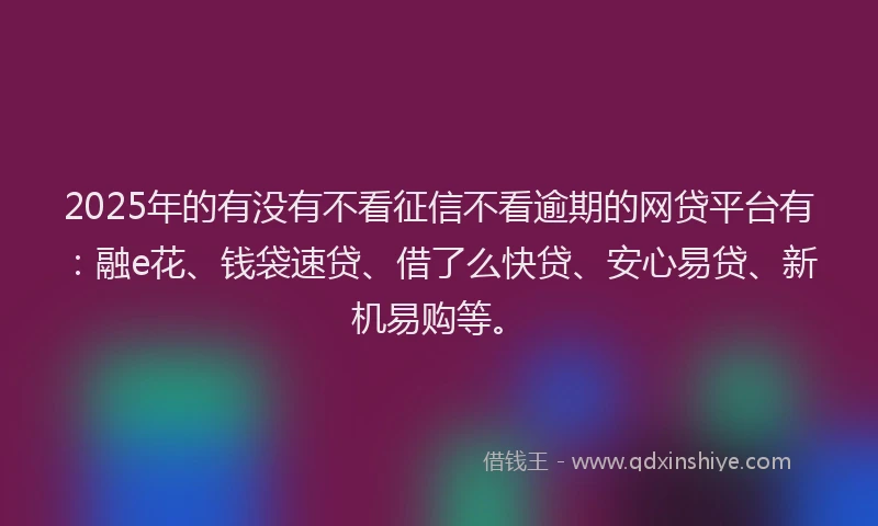 2025年的有没有不看征信不看逾期的网贷平台有：融e花、钱袋速贷、借了么快贷、安心易贷、新机易购等。