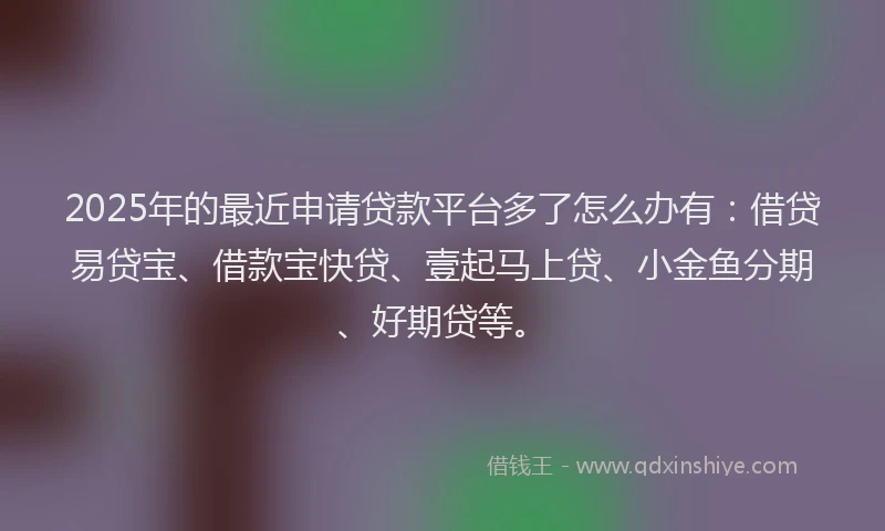 2025年的最近申请贷款平台多了怎么办有：借贷易贷宝、借款宝快贷、壹起马上贷、小金鱼分期、好期贷等。