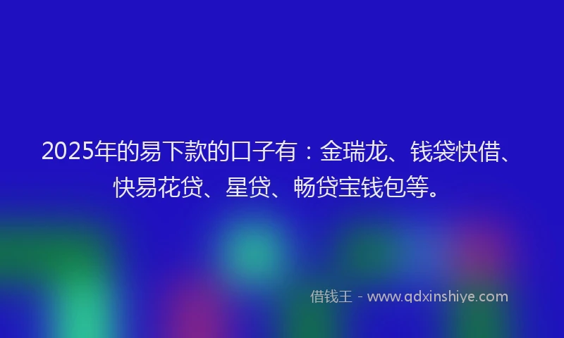 2025年的易下款的口子有：金瑞龙、钱袋快借、快易花贷、星贷、畅贷宝钱包等。