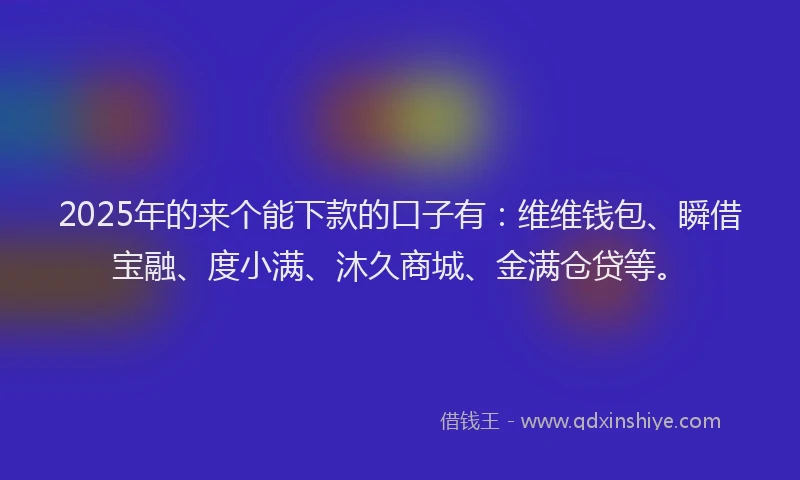 2025年的来个能下款的口子有：维维钱包、瞬借宝融、度小满、沐久商城、金满仓贷等。