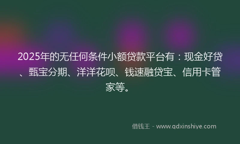 2025年的无任何条件小额贷款平台有：现金好贷、甄宝分期、洋洋花呗、钱速融贷宝、信用卡管家等。