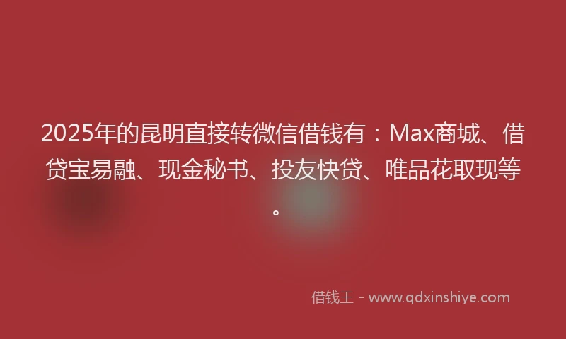 2025年的昆明直接转微信借钱有：Max商城、借贷宝易融、现金秘书、投友快贷、唯品花取现等。