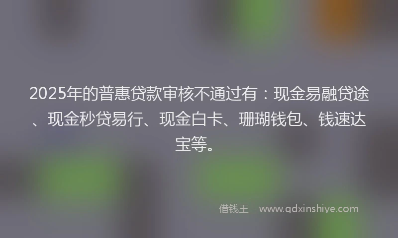 2025年的普惠贷款审核不通过有：现金易融贷途、现金秒贷易行、现金白卡、珊瑚钱包、钱速达宝等。