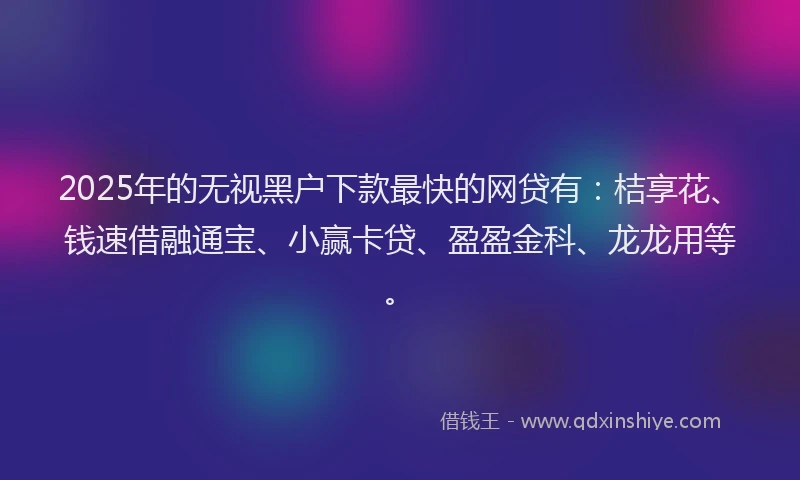 2025年的无视黑户下款最快的网贷有：桔享花、钱速借融通宝、小赢卡贷、盈盈金科、龙龙用等。
