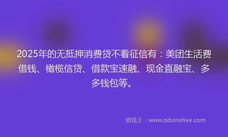 2025年的无抵押消费贷不看征信有：美团生活费借钱、橄榄信贷、借款宝速融、现金直融宝、多多钱包等。
