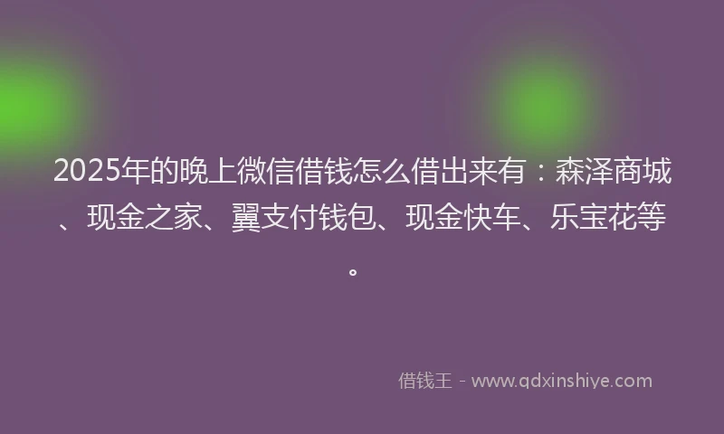 2025年的晚上微信借钱怎么借出来有：森泽商城、现金之家、翼支付钱包、现金快车、乐宝花等。