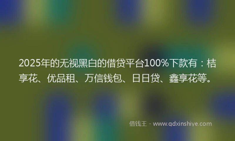 2025年的无视黑白的借贷平台100%下款有：桔享花、优品租、万信钱包、日日贷、鑫享花等。