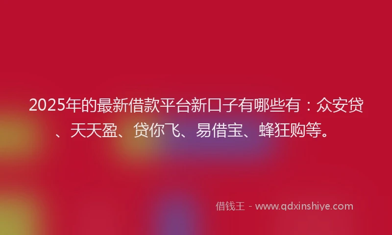 2025年的最新借款平台新口子有哪些有：众安贷、天天盈、贷你飞、易借宝、蜂狂购等。