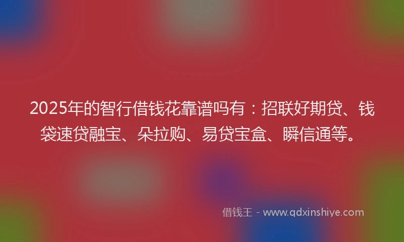 2025年的智行借钱花靠谱吗有：招联好期贷、钱袋速贷融宝、朵拉购、易贷宝盒、瞬信通等。