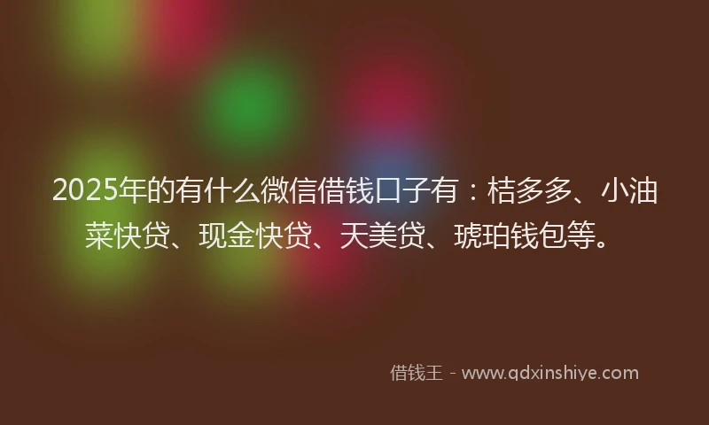 2025年的有什么微信借钱口子有：桔多多、小油菜快贷、现金快贷、天美贷、琥珀钱包等。