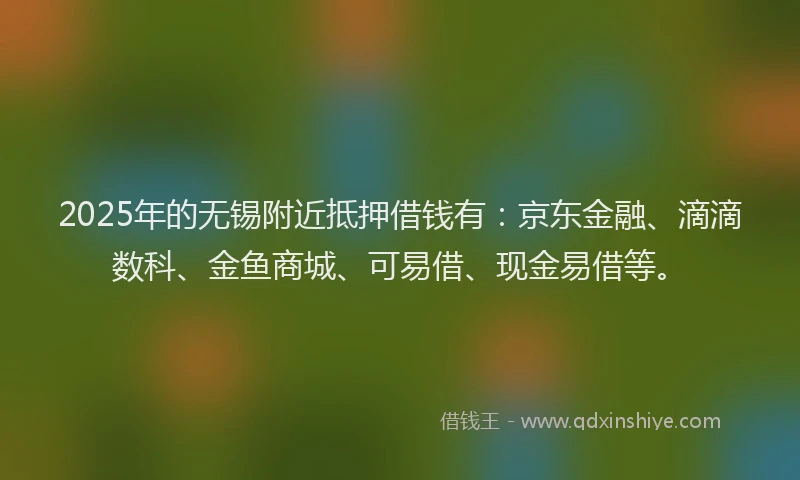 2025年的无锡附近抵押借钱有：京东金融、滴滴数科、金鱼商城、可易借、现金易借等。