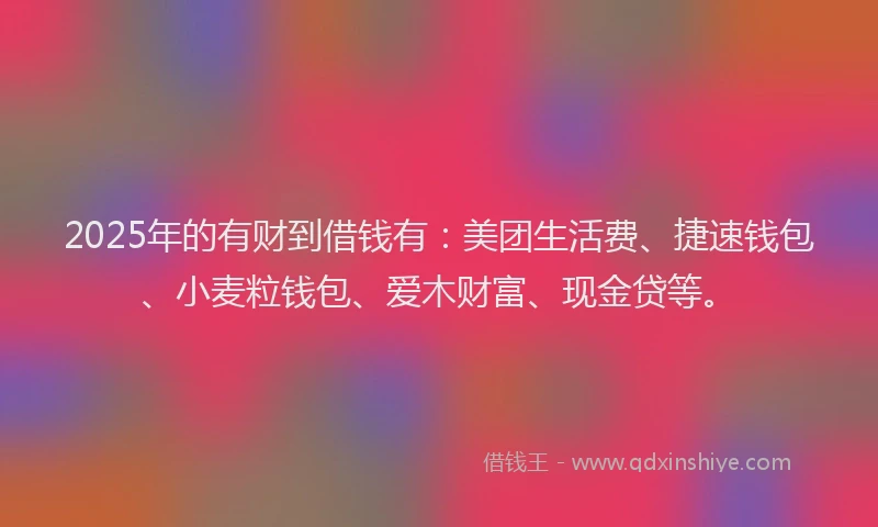2025年的有财到借钱有：美团生活费、捷速钱包、小麦粒钱包、爱木财富、现金贷等。