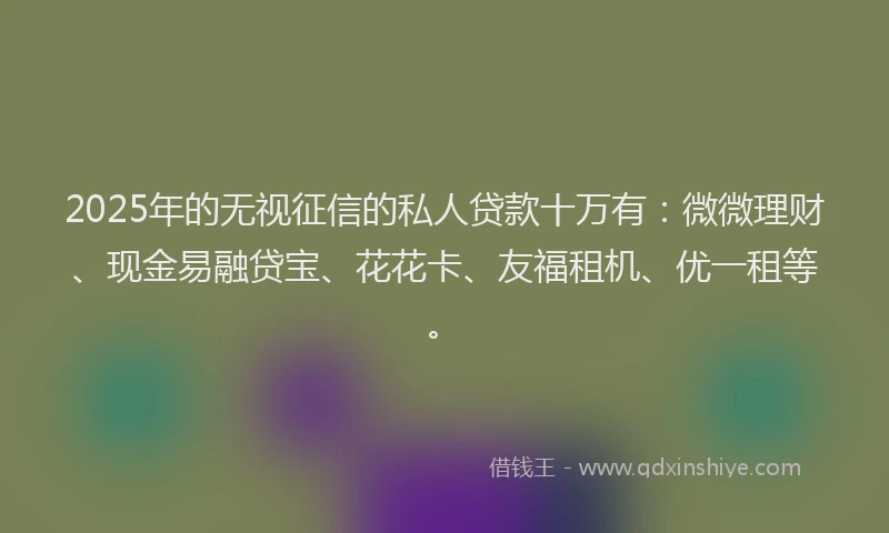 2025年的无视征信的私人贷款十万有：微微理财、现金易融贷宝、花花卡、友福租机、优一租等。
