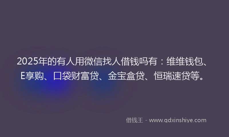 2025年的有人用微信找人借钱吗有：维维钱包、E享购、口袋财富贷、金宝盒贷、恒瑞速贷等。